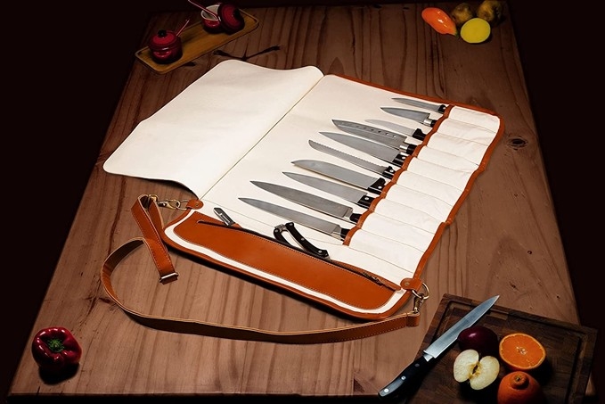 Pocket Knife Storage Bag Vegan Leather Small Chef'S  Carrier 17x7.5x1.5