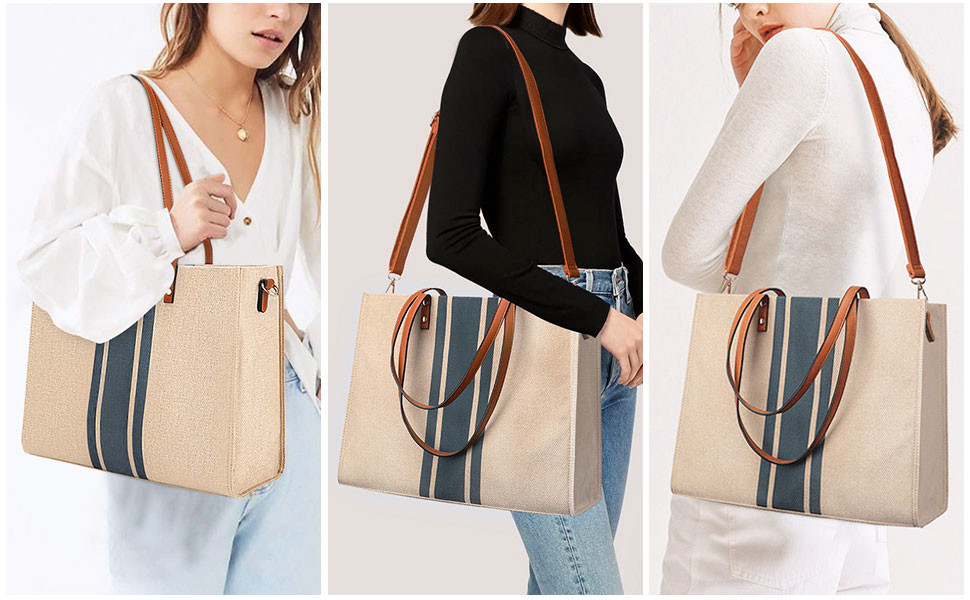 Canvas Work Laptop Tote Bag For Women Casual Travel 16.33x4.7x12.99