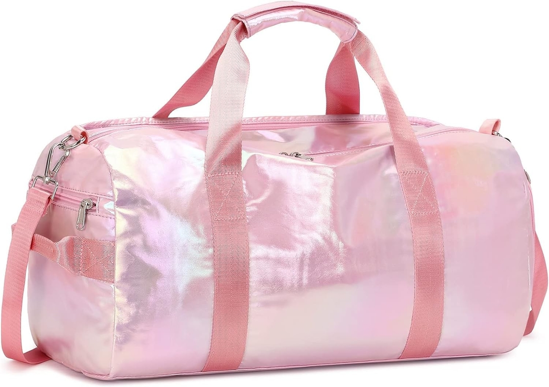 Water Resistant Polyester Metalic Pink Color Overnight Weekender Gym Dance Bag with Wet pocket