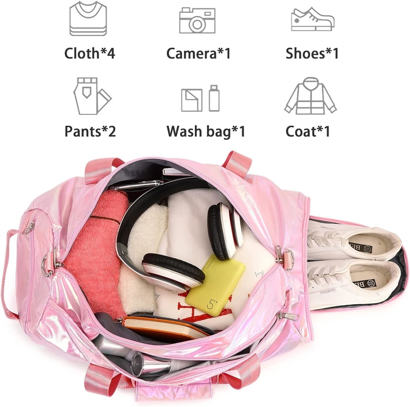 Water Resistant Polyester Metalic Pink Color Overnight Weekender Gym Dance Bag with Wet pocket