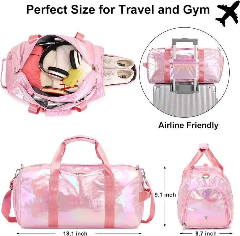 Water Resistant Polyester Metalic Pink Color Overnight Weekender Gym Dance Bag with Wet pocket