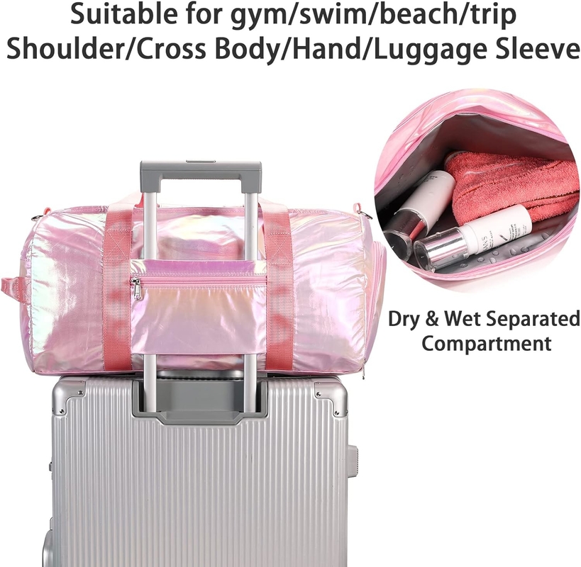 Water Resistant Polyester Metalic Pink Color Overnight Weekender Gym Dance Bag with Wet pocket
