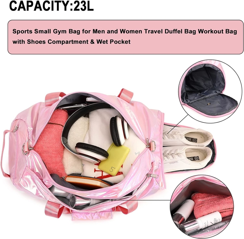 Water Resistant Polyester Metalic Pink Color Overnight Weekender Gym Dance Bag with Wet pocket