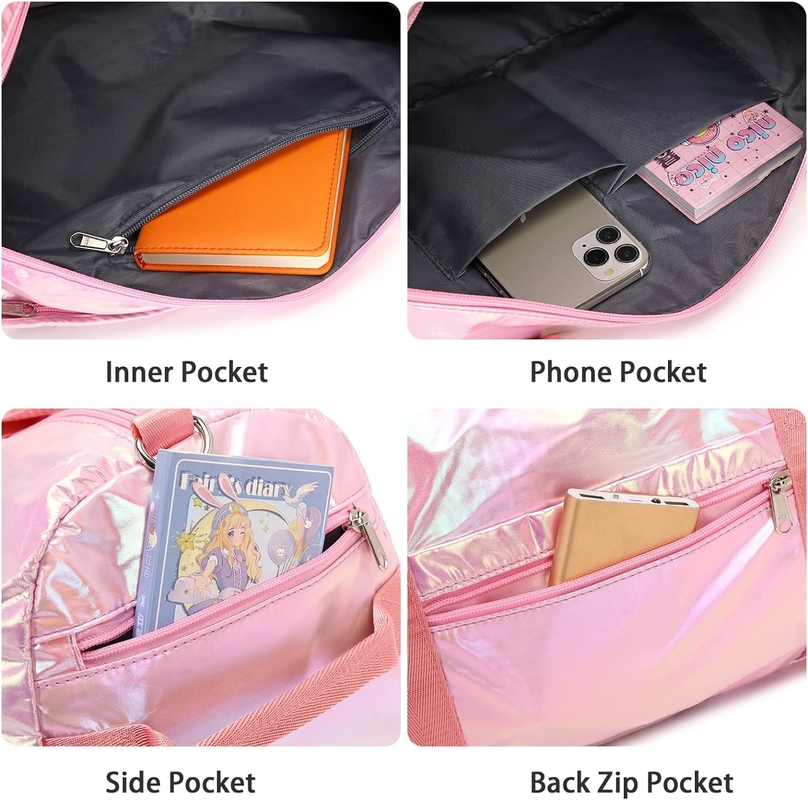 Water Resistant Polyester Metalic Pink Color Overnight Weekender Gym Dance Bag with Wet pocket