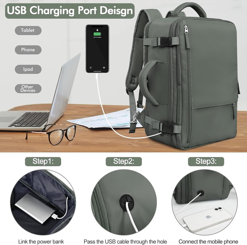 Casual Carry On Luggage Bag Olive Green Duffel Travel Bag With USB Charging Port