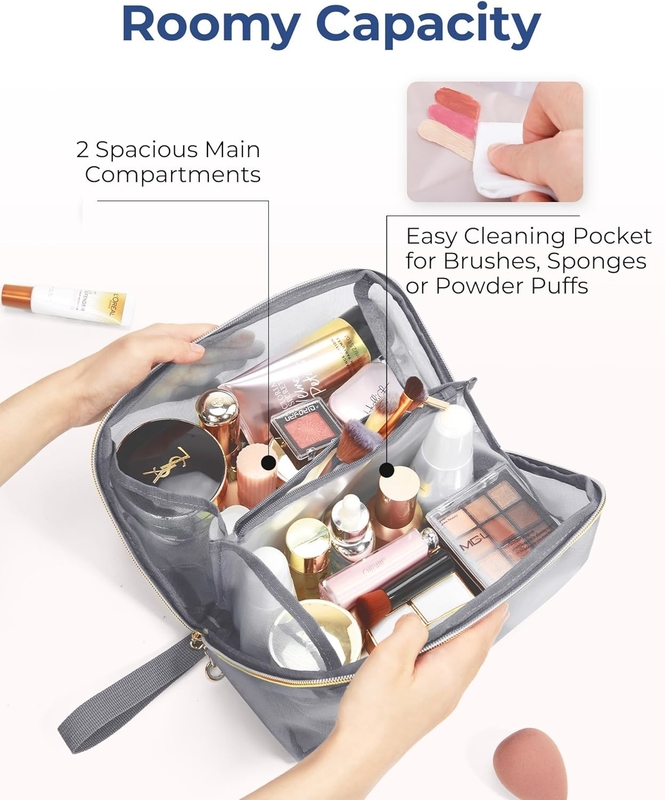 Portable Large Black Mesh Cosmetic Bag Open Flat Organizer Travel Bag For Men Women