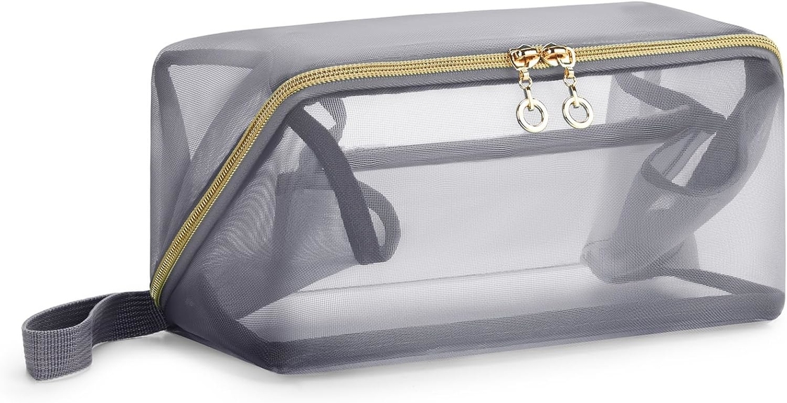 Portable Large Black Mesh Cosmetic Bag Open Flat Organizer Travel Bag For Men Women