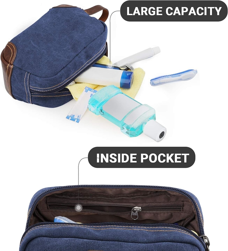 Bathroom Toiletry Travel Bag For Men , Blue Leather And Canvas Large Dopp Kit