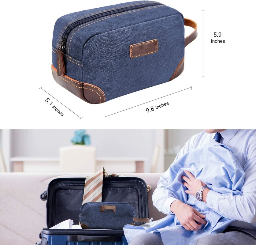 Bathroom Toiletry Travel Bag For Men , Blue Leather And Canvas Large Dopp Kit