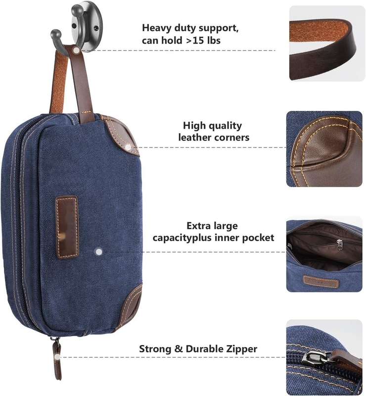 Bathroom Toiletry Travel Bag For Men , Blue Leather And Canvas Large Dopp Kit