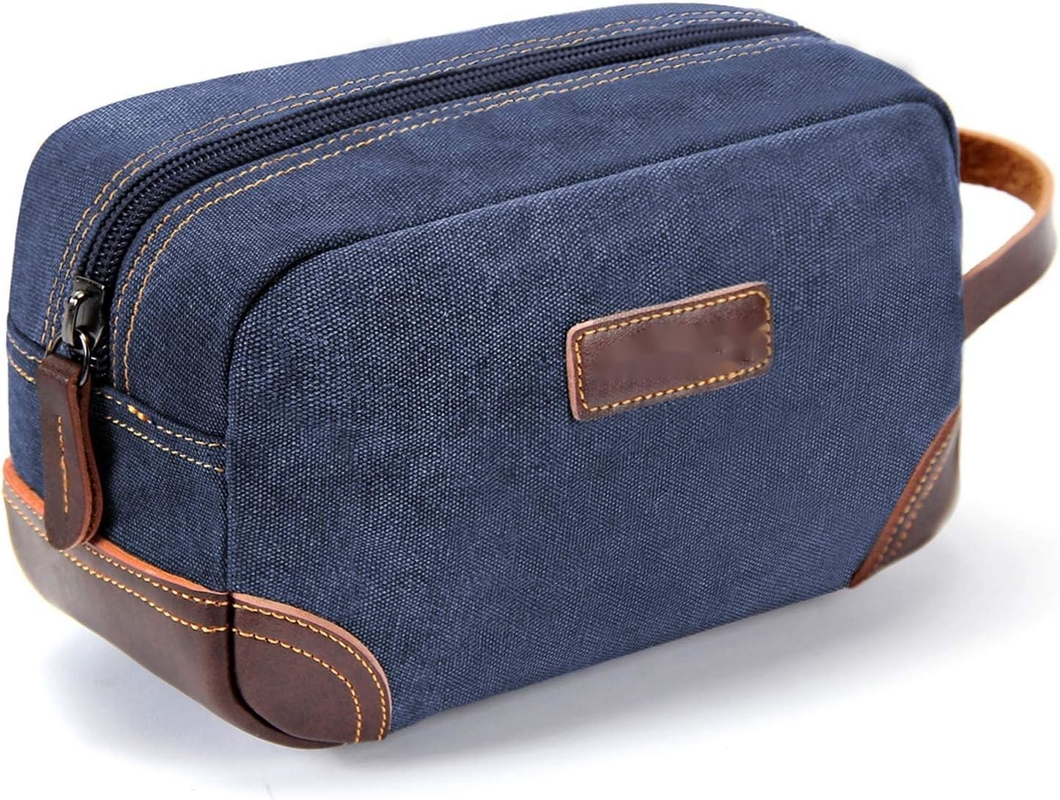 Bathroom Toiletry Travel Bag For Men , Blue Leather And Canvas Large Dopp Kit
