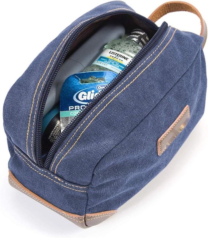 Bathroom Toiletry Travel Bag For Men , Blue Leather And Canvas Large Dopp Kit