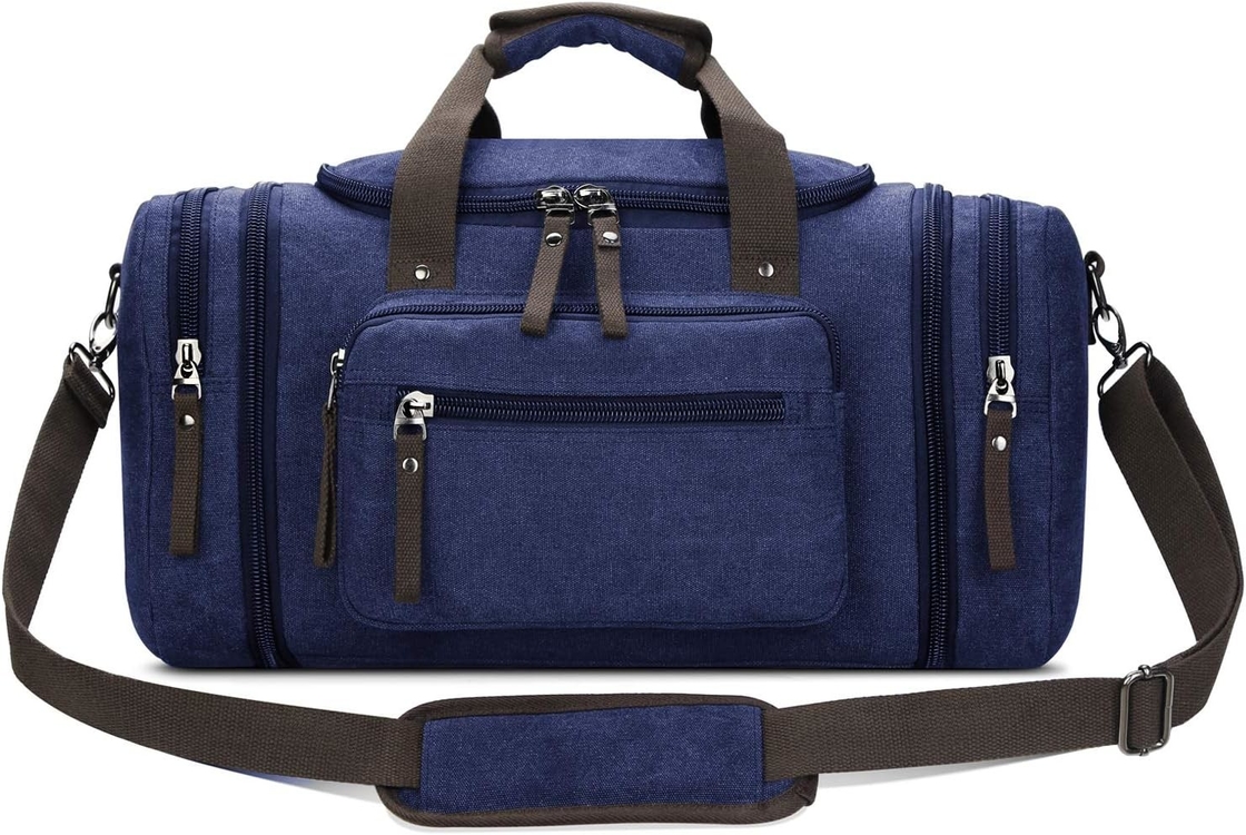 Durable Canvas Blue Weekender Overnight Bag Sports Gym Yoga Messenger Bag With Handle