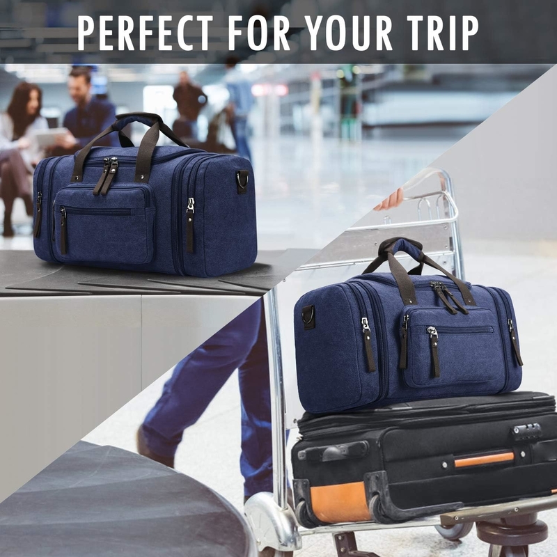 Durable Canvas Blue Weekender Overnight Bag Sports Gym Yoga Messenger Bag With Handle