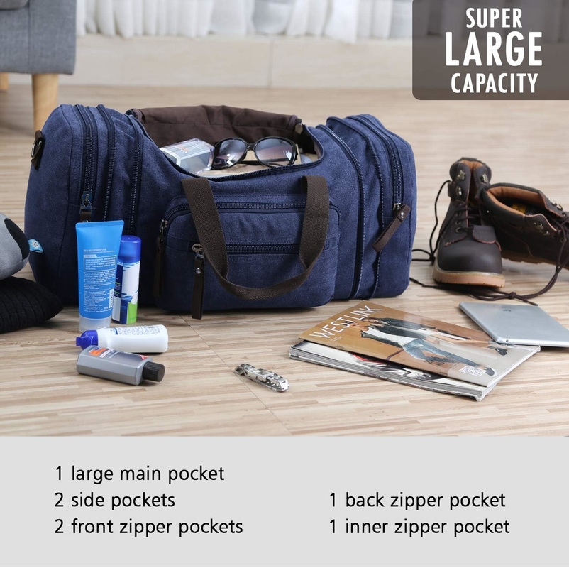 Durable Canvas Blue Weekender Overnight Bag Sports Gym Yoga Messenger Bag With Handle