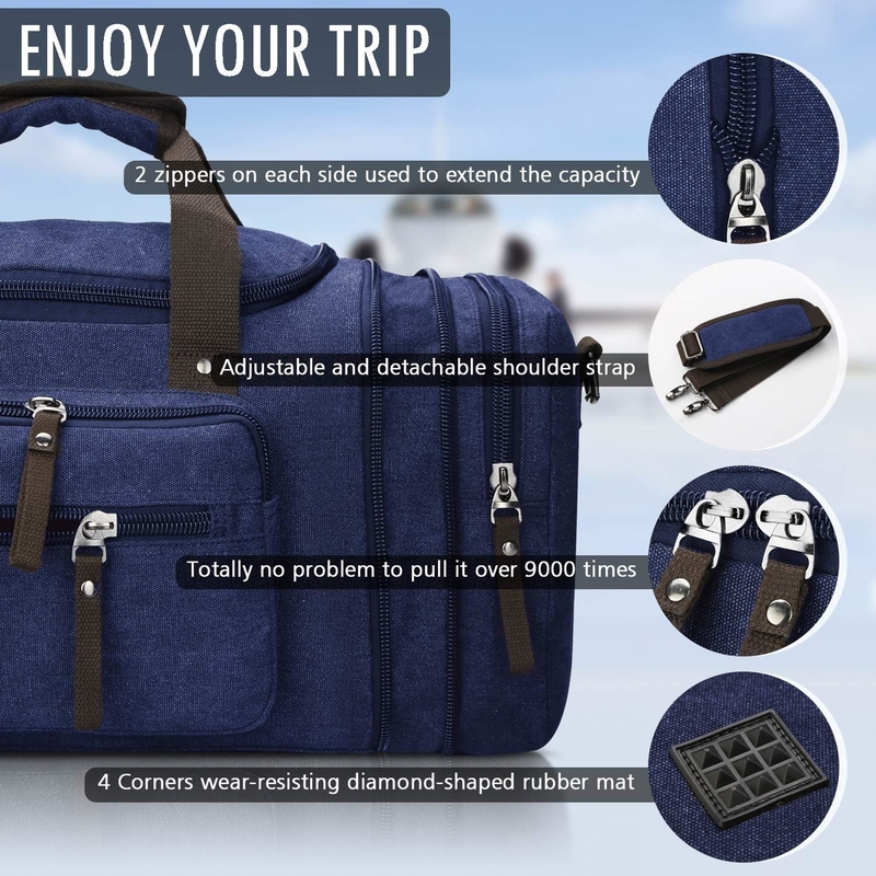 Durable Canvas Blue Weekender Overnight Bag Sports Gym Yoga Messenger Bag With Handle
