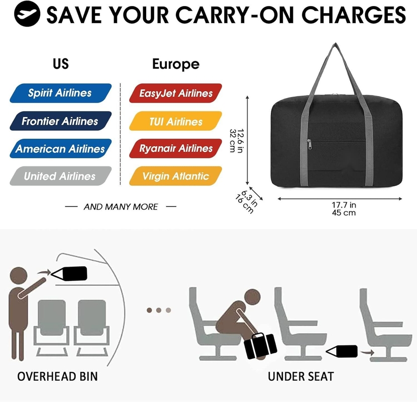 Large Size Airline Underseat Foldable Carry On Luggage Bag Duffel Travel Bag For Women