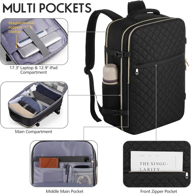 Large Flight Approved Carry On Water Resistant Anti-Theft Casual  Travel Bag Fit 17 Inch Laptop with USB Charging Port