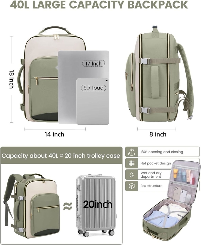 TSA Personal Item 40L  Waterproof Large Carry on Airline Approved Travel Bag with 3 Packing Cubes