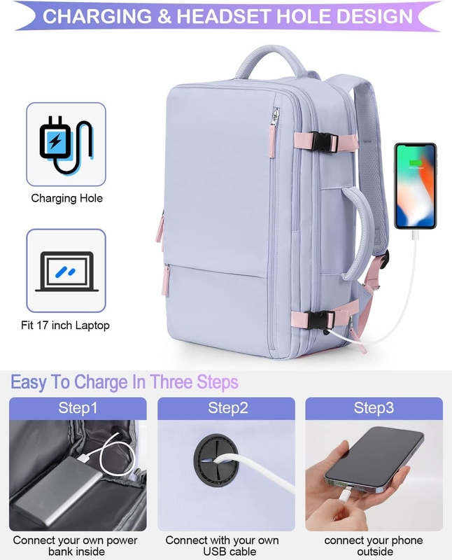 Purple 17.3 inch Laptop Airline Approved Carry On Luggage As Personal Items Weekender Hiking Travel Bag for Women