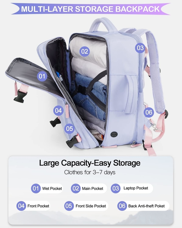 Purple 17.3 inch Laptop Airline Approved Carry On Luggage As Personal Items Weekender Hiking Travel Bag for Women