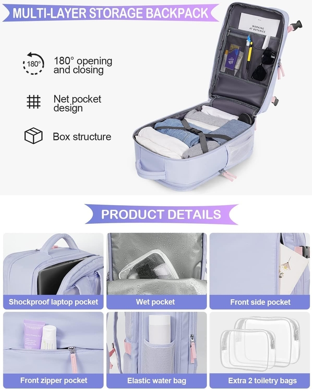 Purple 17.3 inch Laptop Airline Approved Carry On Luggage As Personal Items Weekender Hiking Travel Bag for Women