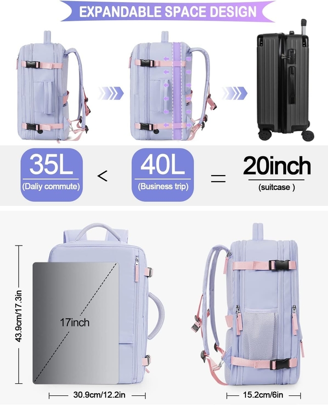 Purple 17.3 inch Laptop Airline Approved Carry On Luggage As Personal Items Weekender Hiking Travel Bag for Women