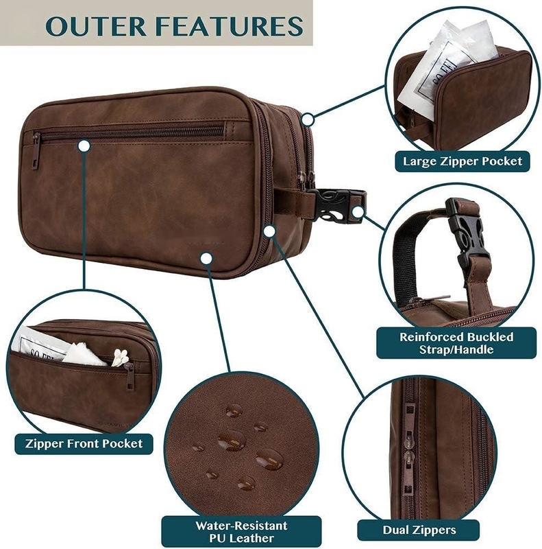 Dark Brown Water-resistant Dopp Kit PU Leather Shaving Pouch Organizer Travel Bag for Accessories Cosmetic  Hygiene