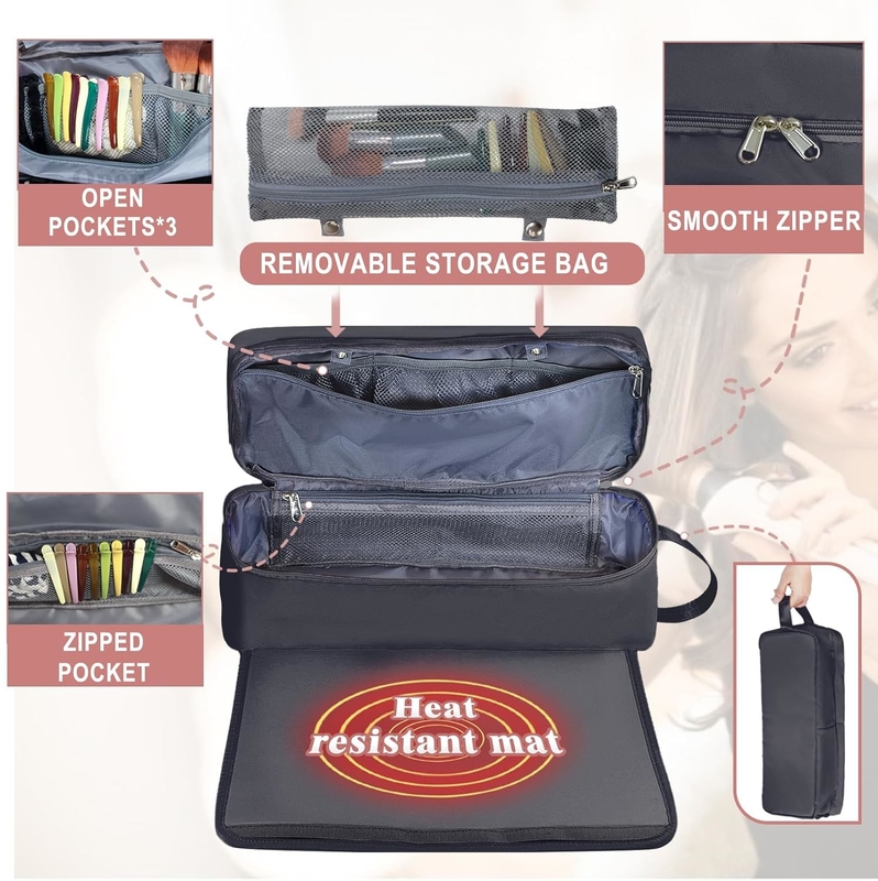 2 in 1 Hair Travel Bag with Heat Resistant Mat for Flat Irons Straighteners Curling Iron and Haircare Accessories