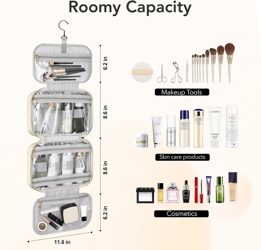 Water-resistant Creamy White Toiletry Hanging Makeup Cosmetic Organizer Travel Bag for Full Sized Toiletries Accessorie