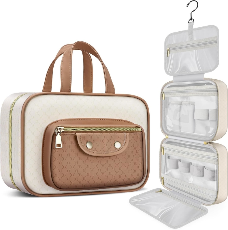 Water-resistant Creamy White Toiletry Hanging Makeup Cosmetic Organizer Travel Bag for Full Sized Toiletries Accessorie