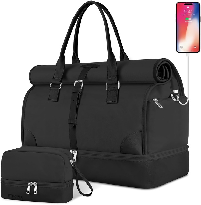 Black Canvas Carry on Expandable Weekender Airplanes Toiletry Travel Bag with Shoe Compartment and USB Charging Port