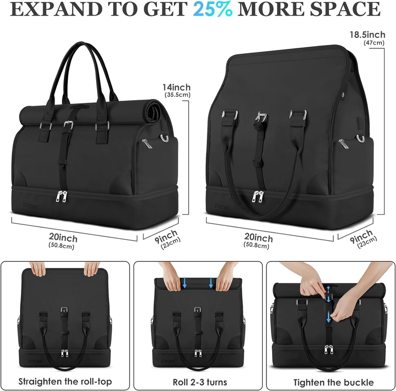 Black Canvas Carry on Expandable Weekender Airplanes Toiletry Travel Bag with Shoe Compartment and USB Charging Port