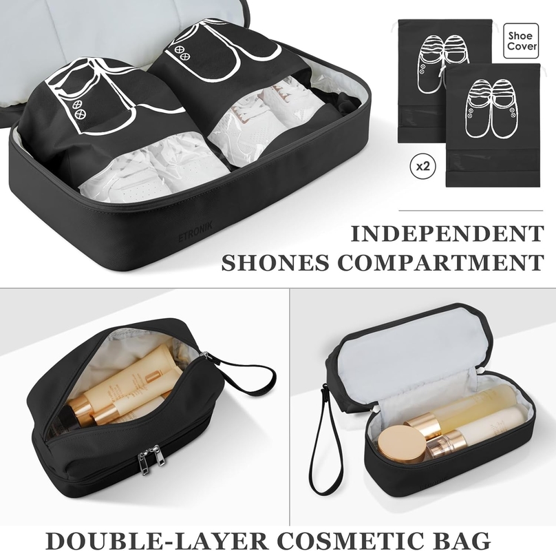 Black Canvas Carry on Expandable Weekender Airplanes Toiletry Travel Bag with Shoe Compartment and USB Charging Port