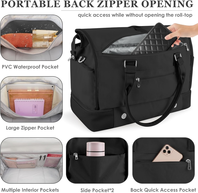 Black Canvas Carry on Expandable Weekender Airplanes Toiletry Travel Bag with Shoe Compartment and USB Charging Port
