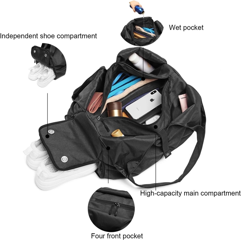 Polyester Black Yoga Gym Sports Duffel Travel Bag With Wet Dry Storage Pockets
