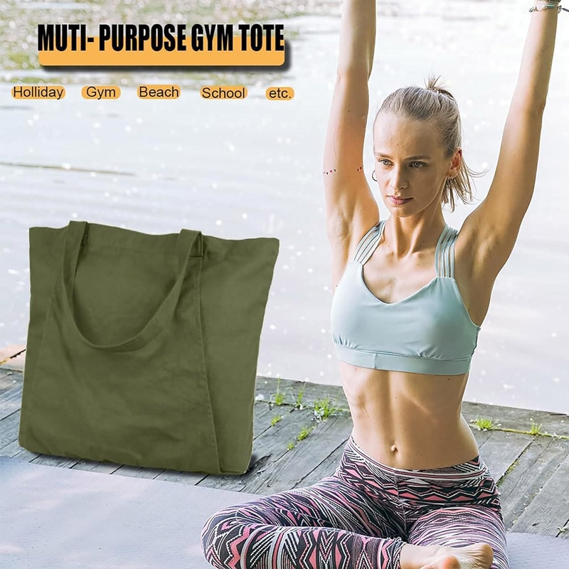 Large Durable Green Color Cotton Sports Duffel Bag With Shoes Compartment Pocket