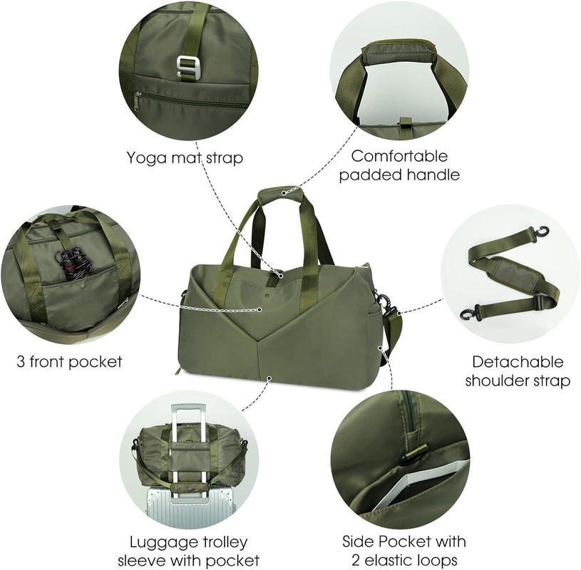 Green Portable Overnight Weekender Bag Gym Duffel Bag With Wet Pocket Shoes Compartment