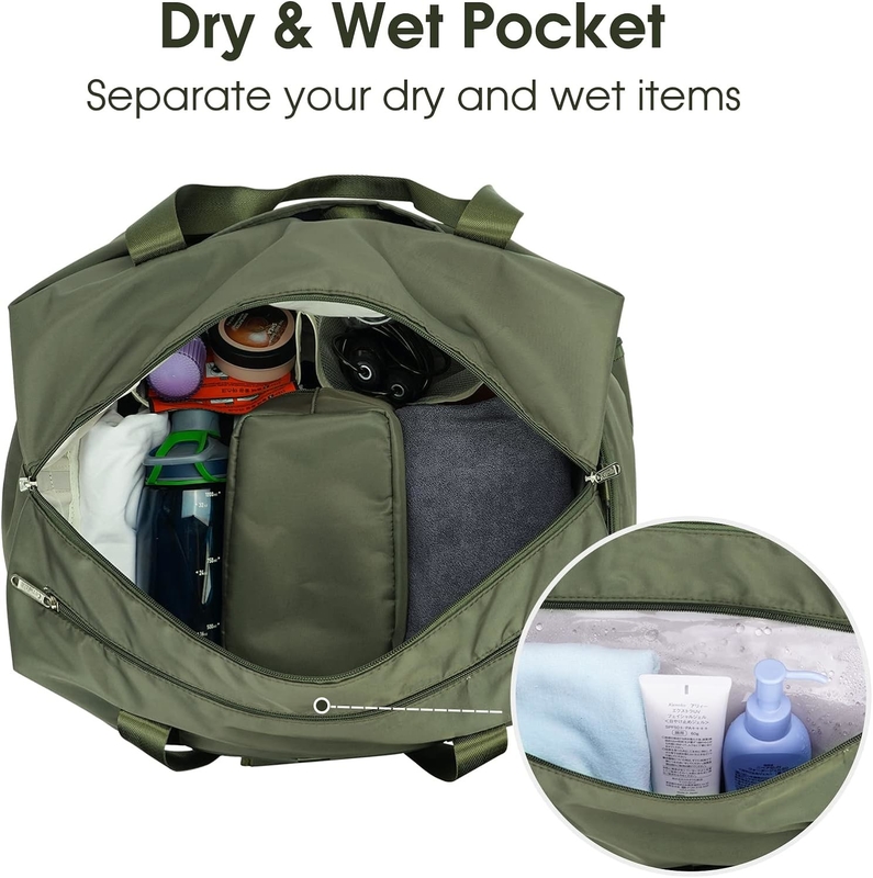 Green Portable Overnight Weekender Bag Gym Duffel Bag With Wet Pocket Shoes Compartment