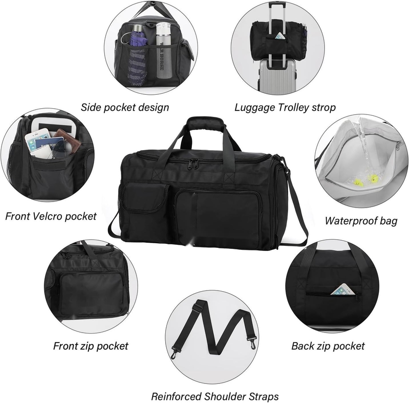 Large Capacity Black Weekender Overnight Bag Custom Travel Bag With Dry And Wet Separation