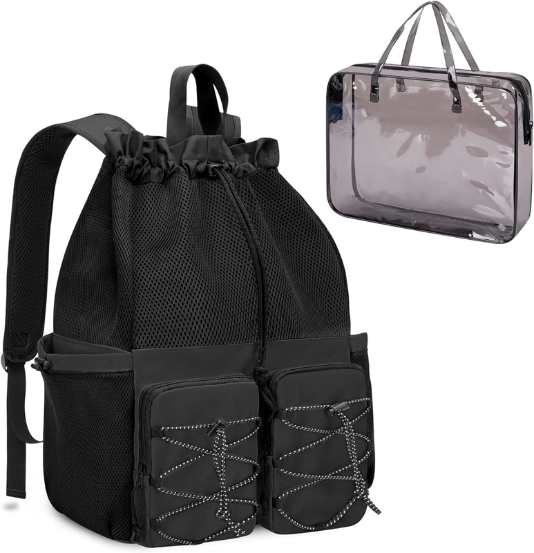 Black Waterproof Drawstring Beach Swim Gym Pool Sports Mesh Custom Travel Bag for Men and Women