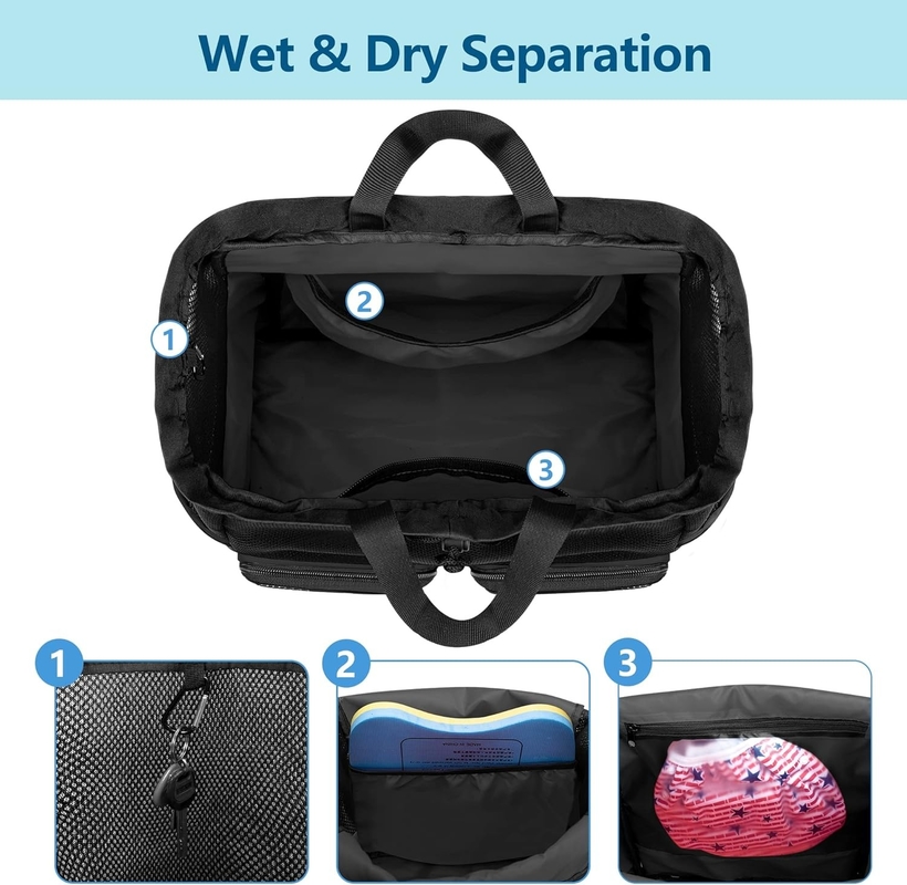 Black Waterproof Drawstring Beach Swim Gym Pool Sports Mesh Custom Travel Bag for Men and Women