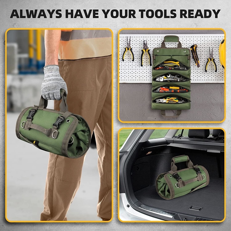 Green Waterproof Heavy Duty Portable Tool Roll Up Bag Detachable Zipper Pouch For Men Women