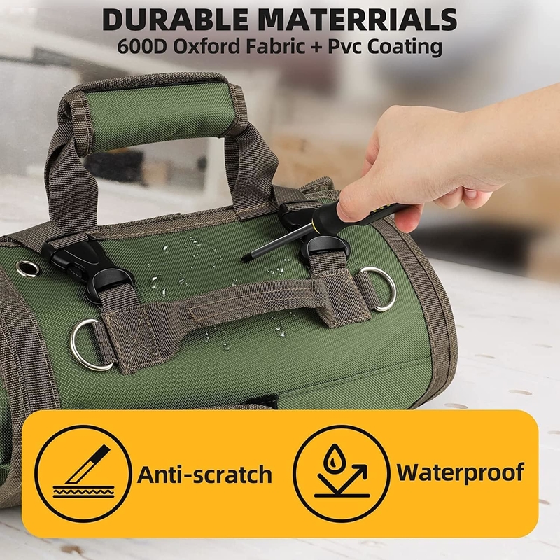 Green Waterproof Heavy Duty Portable Tool Roll Up Bag Detachable Zipper Pouch For Men Women