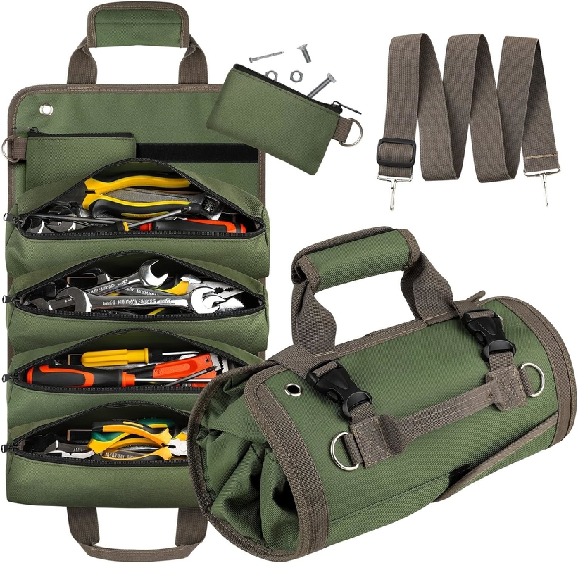 Green Waterproof Heavy Duty Portable Tool Roll Up Bag Detachable Zipper Pouch For Men Women