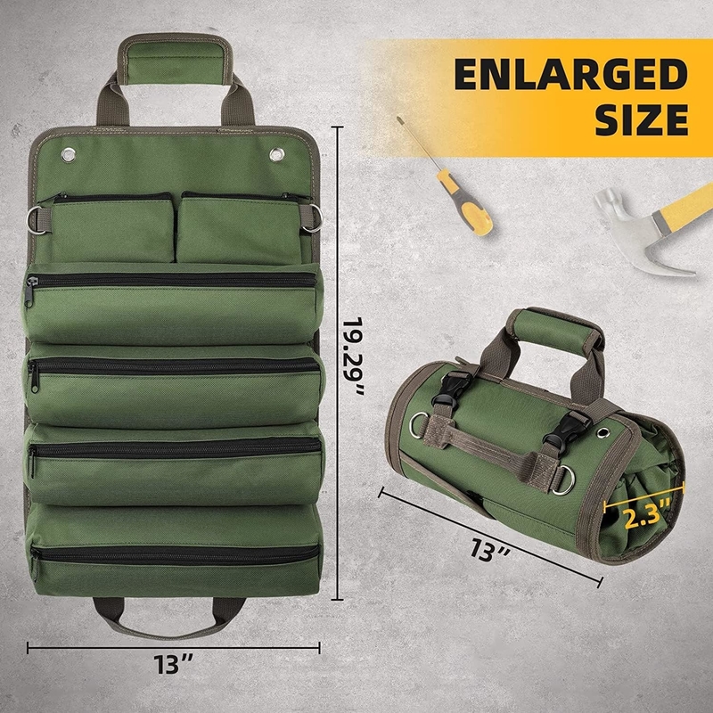Green Waterproof Heavy Duty Portable Tool Roll Up Bag Detachable Zipper Pouch For Men Women