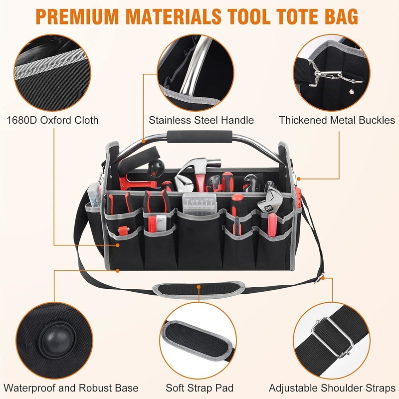 16 Inch 26 Pockets Steel Handle Custom Travel Tool Bag With Removable Shoulder Strap