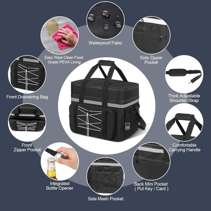 40L Portable Waterproof Insulated Cooler Bag Dual Compartments For Beach Camping Picnic