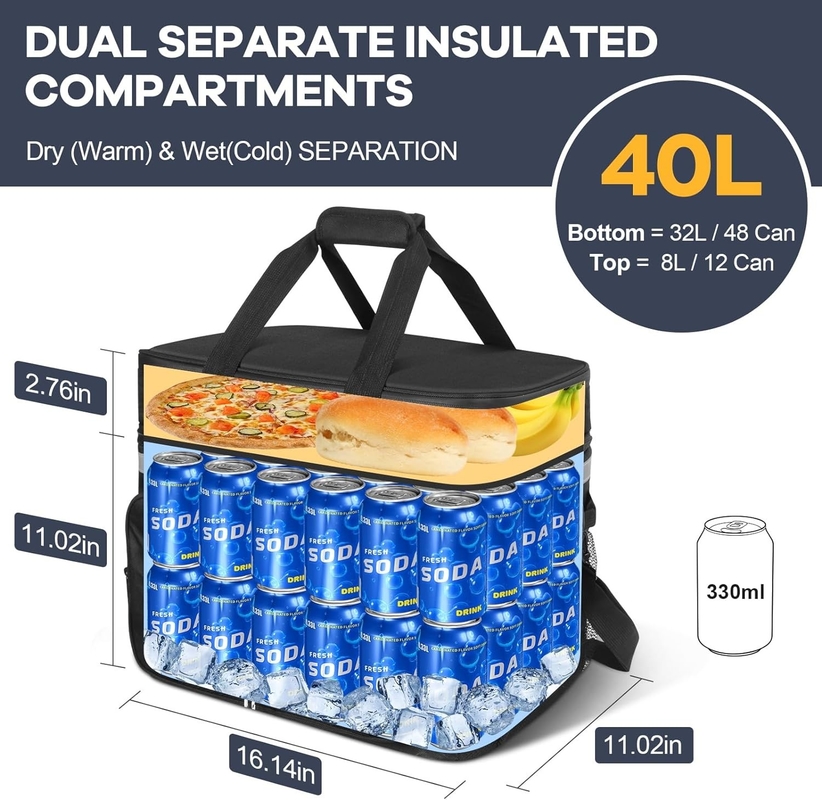 40L Portable Waterproof Insulated Cooler Bag Dual Compartments For Beach Camping Picnic