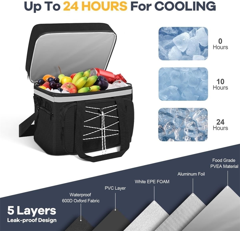 40L Portable Waterproof Insulated Cooler Bag Dual Compartments For Beach Camping Picnic
